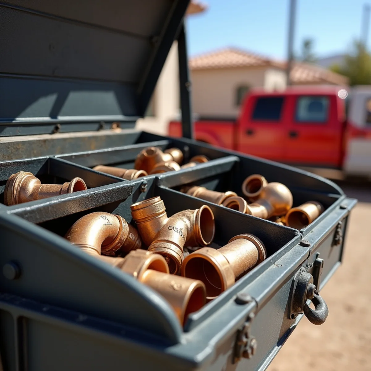 Professional plumbing and pipe inspection tools arranged in technician service kit
