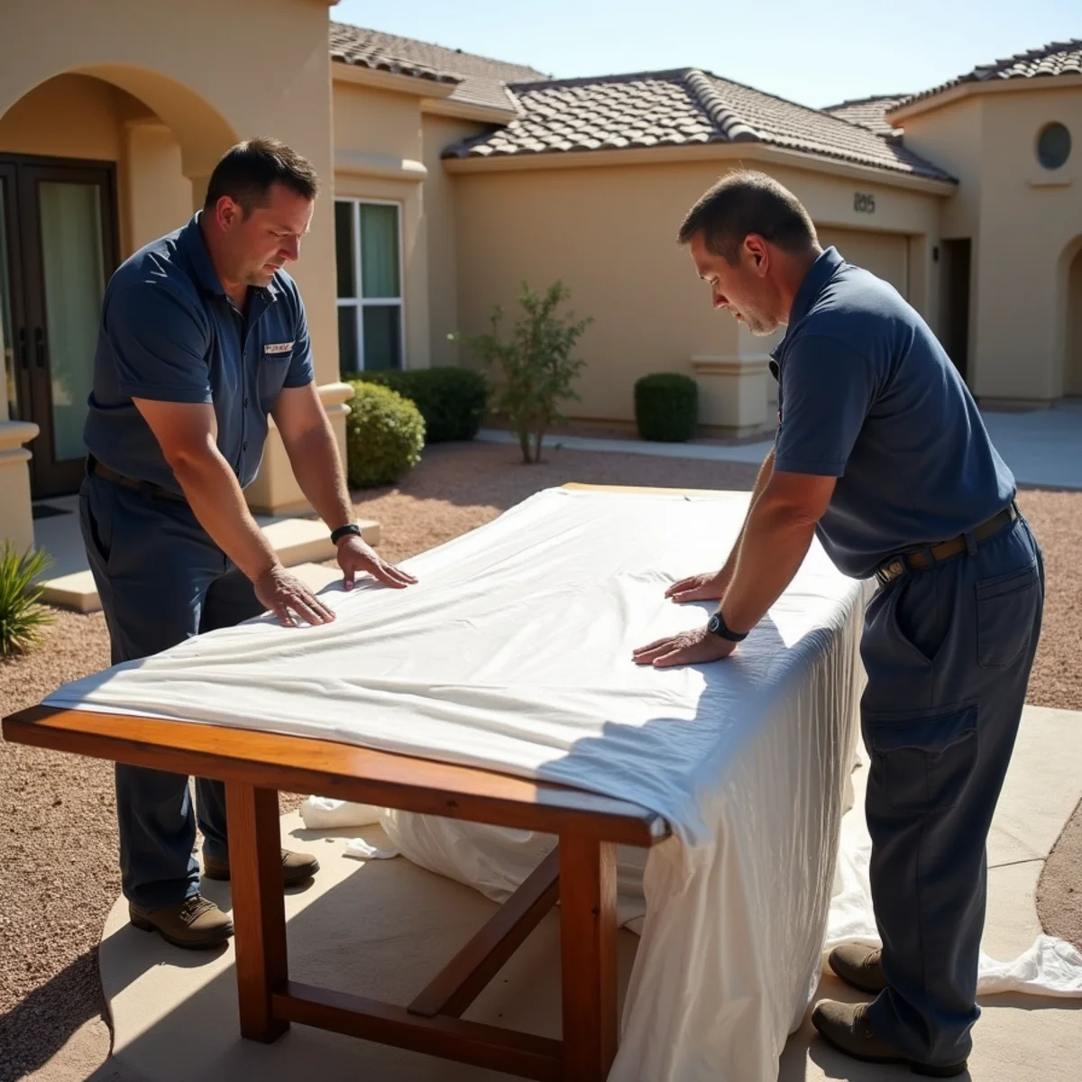 Restoration movers covering wooden furniture in protective padding for transport across Las Vegas