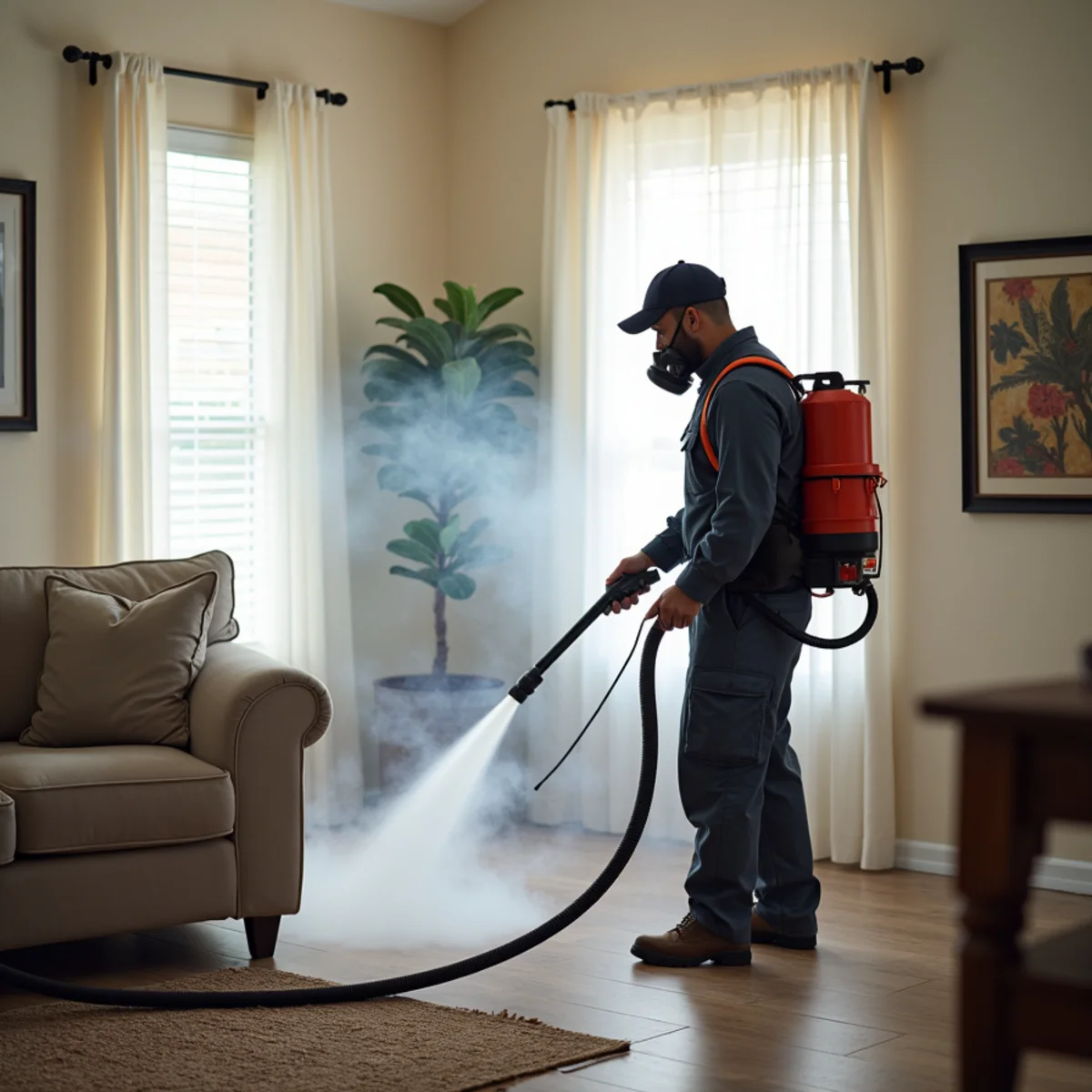 Thermal fogging machine dispersing odor-neutralizing mist through fire-damaged home across Las Vegas
