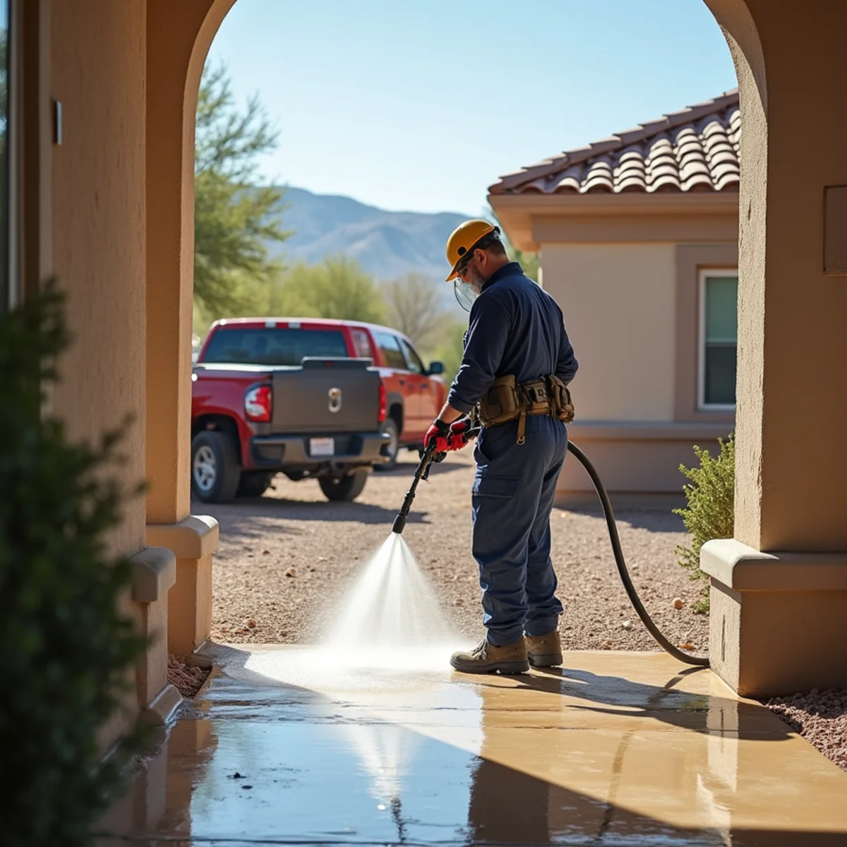 Sanitization of residential concrete patio after desert flash flood runoff across Las Vegas