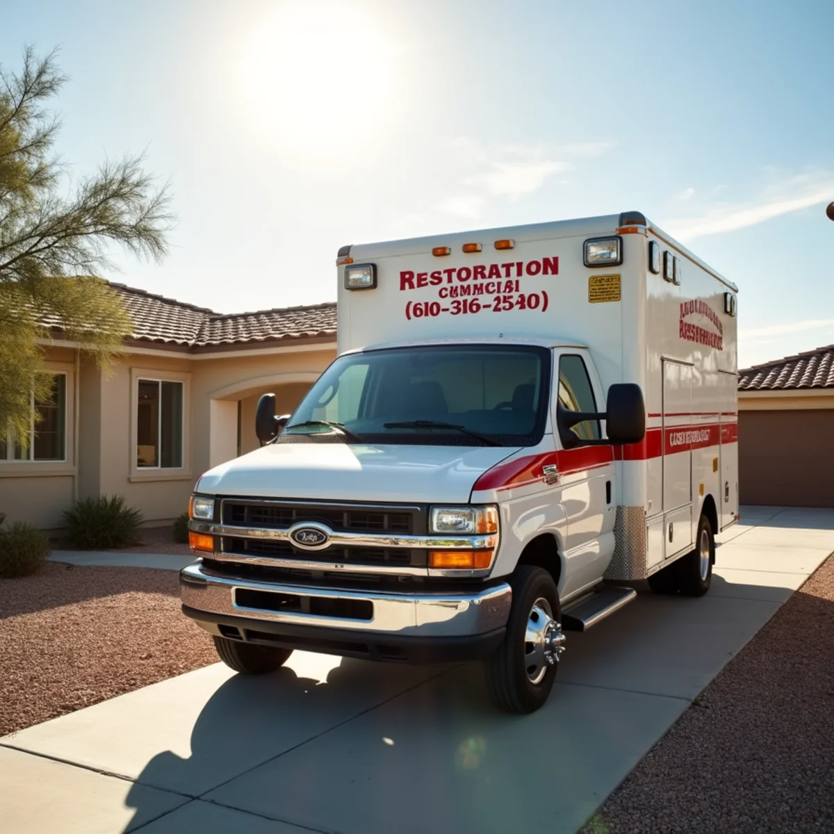 Emergency restoration vehicle staged at Goodsprings home