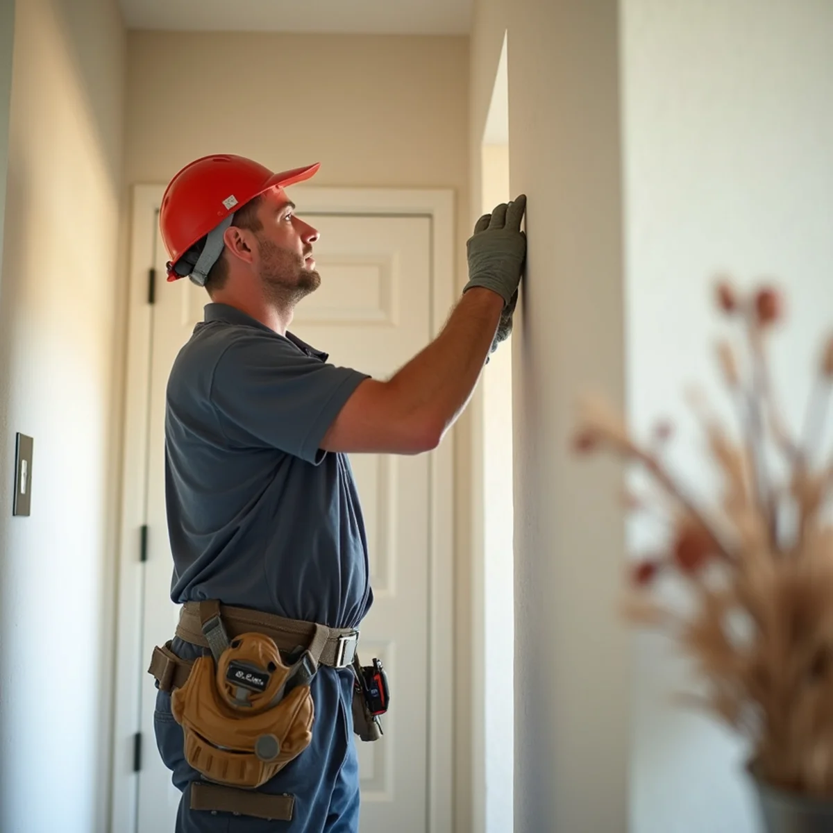 Drywall technician installing new moisture-resistant drywall following flood mitigation
