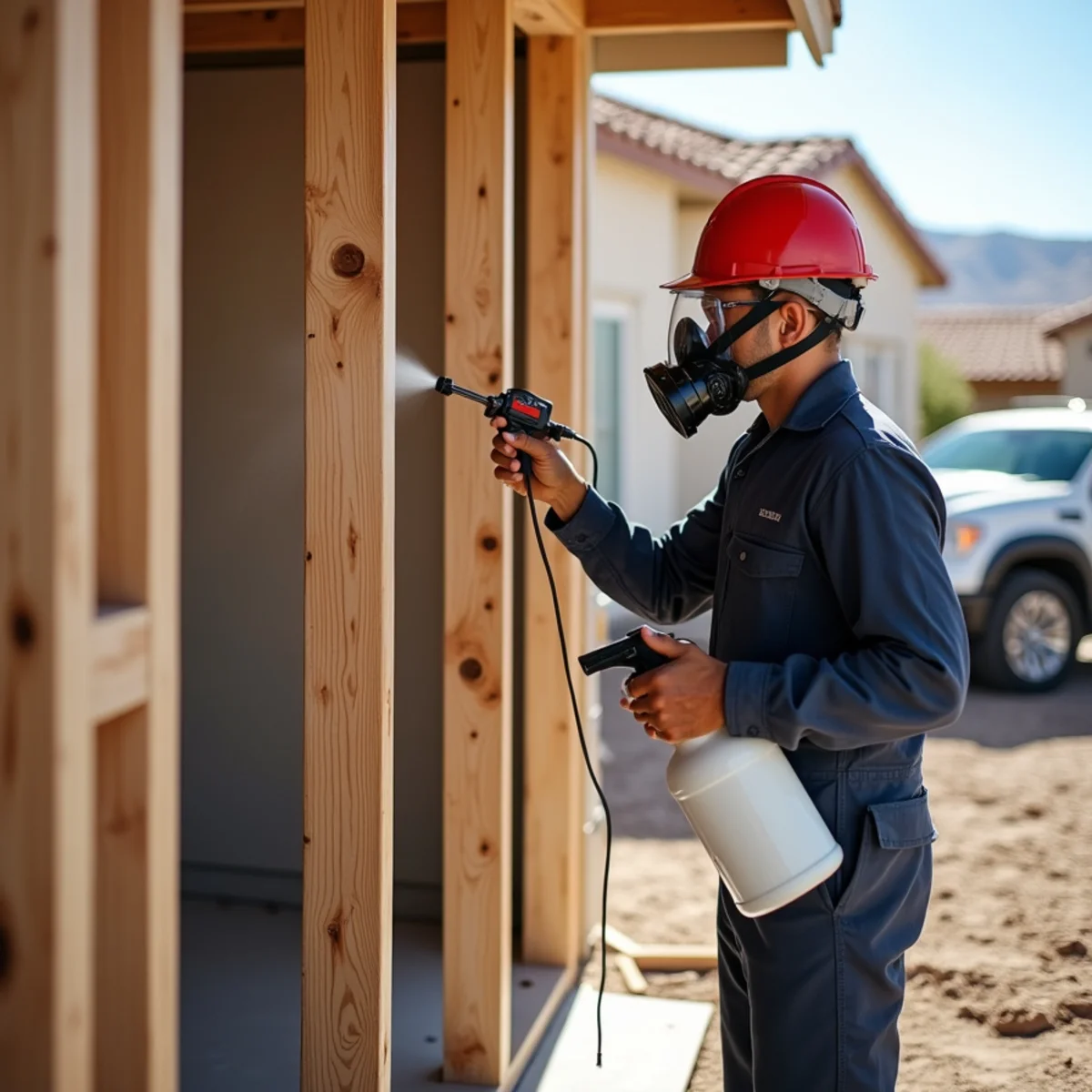 Technician applying botanical antimicrobial disinfectant to exposed wooden wall framing