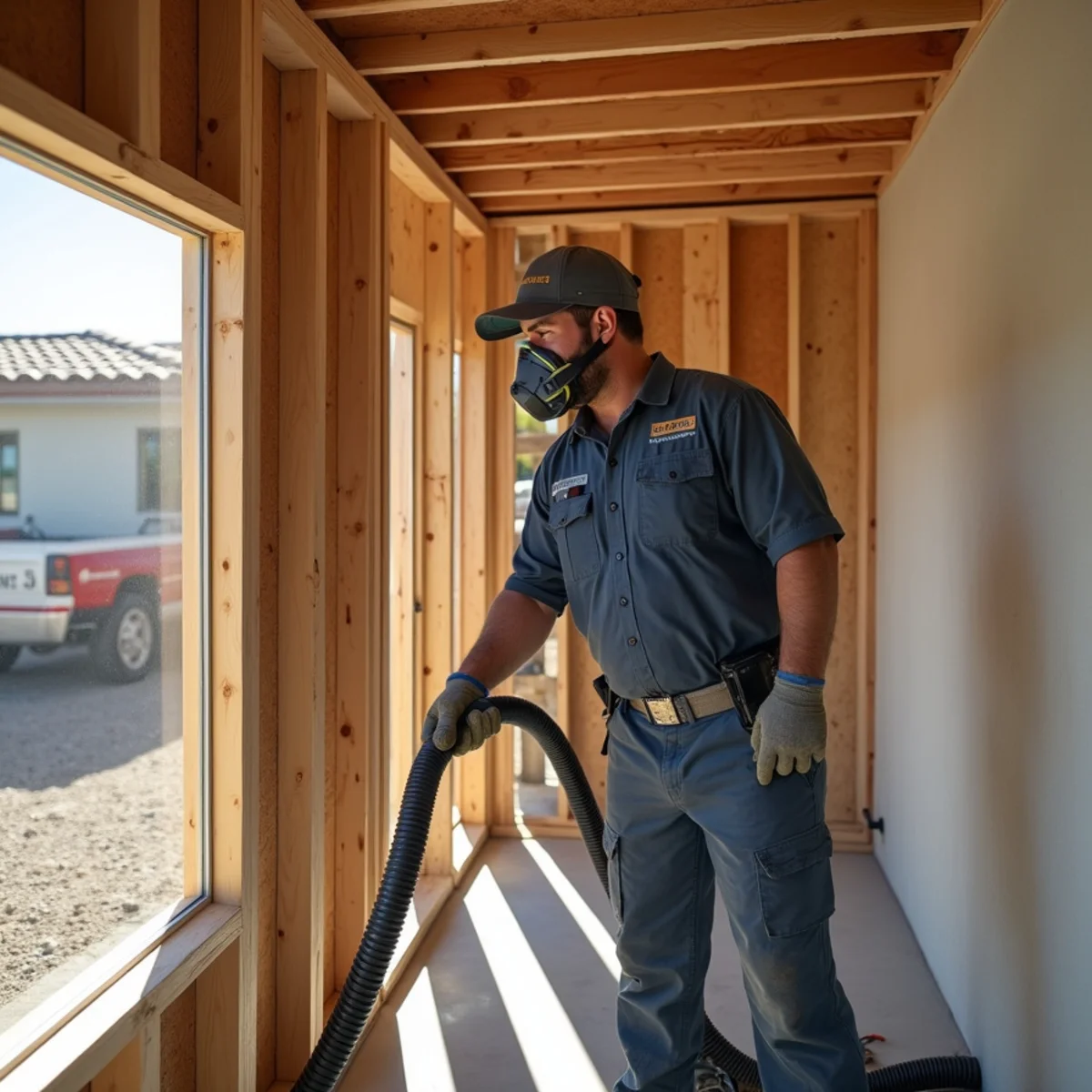 Technician in protective suit HEPA vacuuming wooden framing during mold removal across Las Vegas