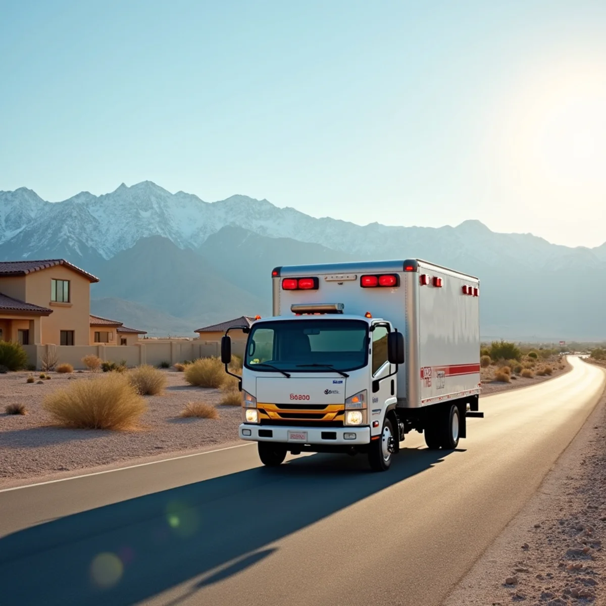 Emergency restoration response truck navigating rural Nye County Nevada highway corridor