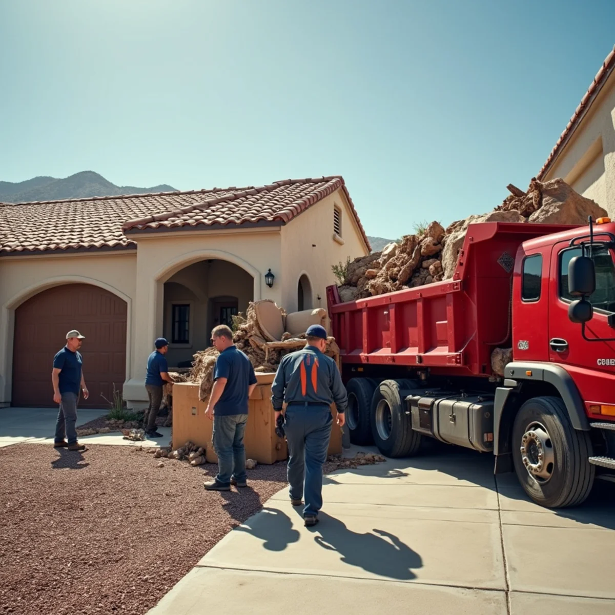 Crew loading unwanted debris and abandoned furniture into commercial haul-off trailer across Las Vegas