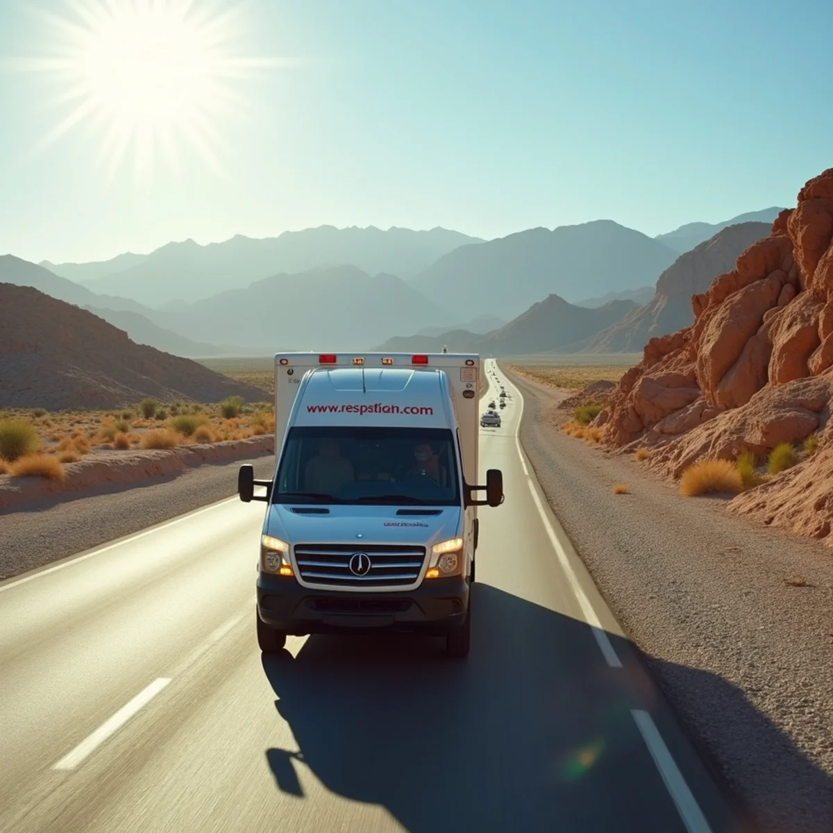 Emergency restoration van traveling along Las Vegas freeway corridor under desert sun