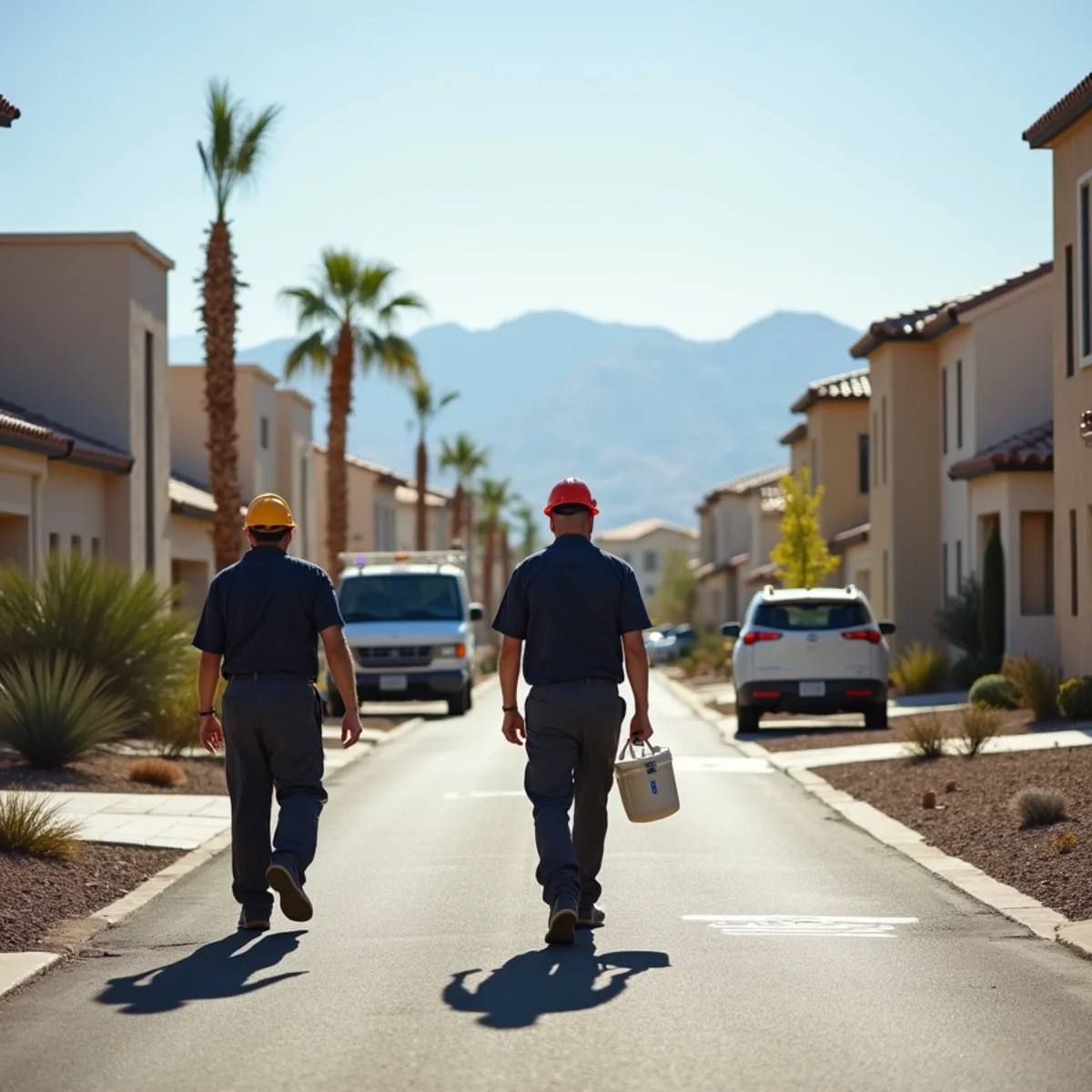 Modern residential neighborhood in Henderson Nevada with Spanish tile roofs