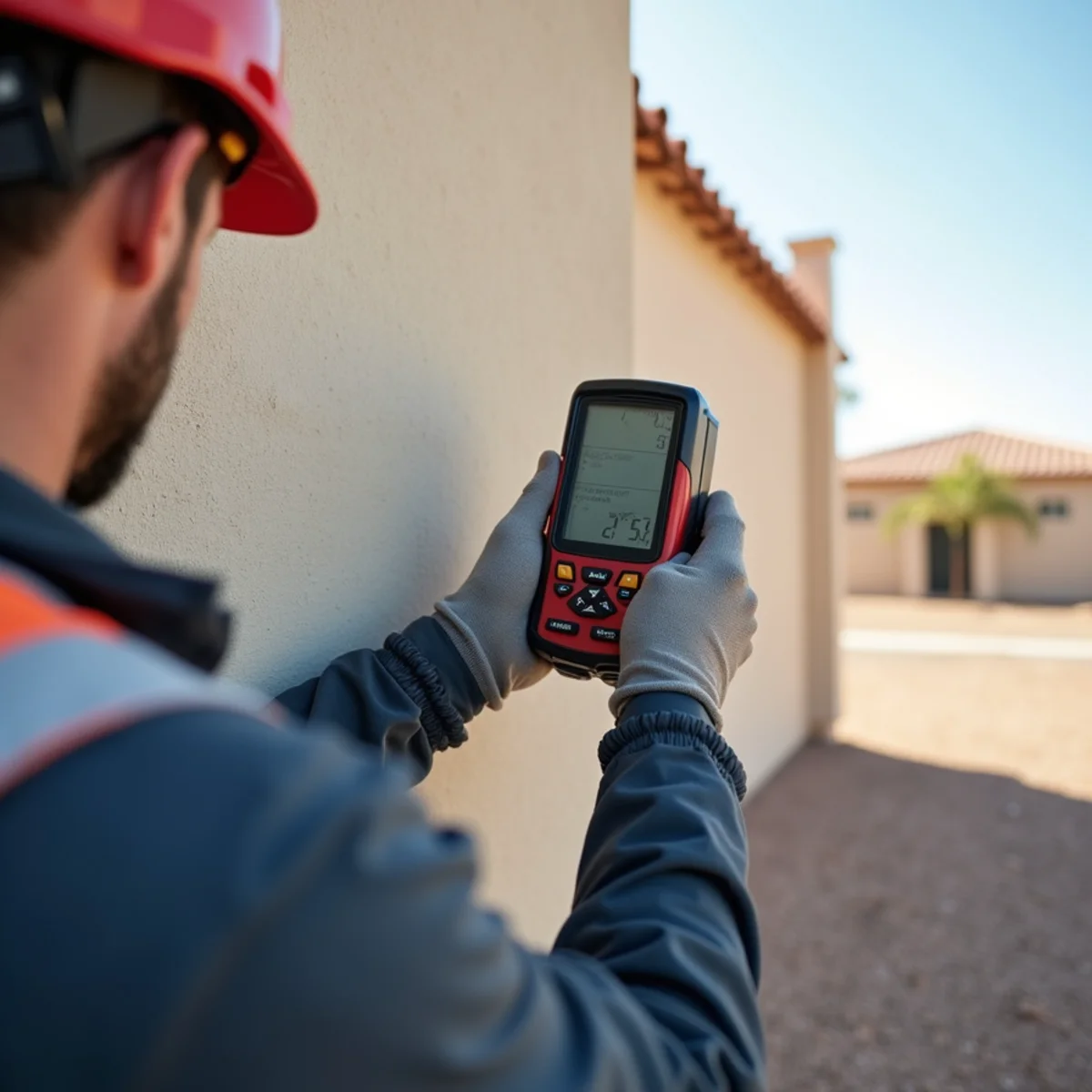 Non-invasive moisture detector measuring moisture percentage inside textured drywall