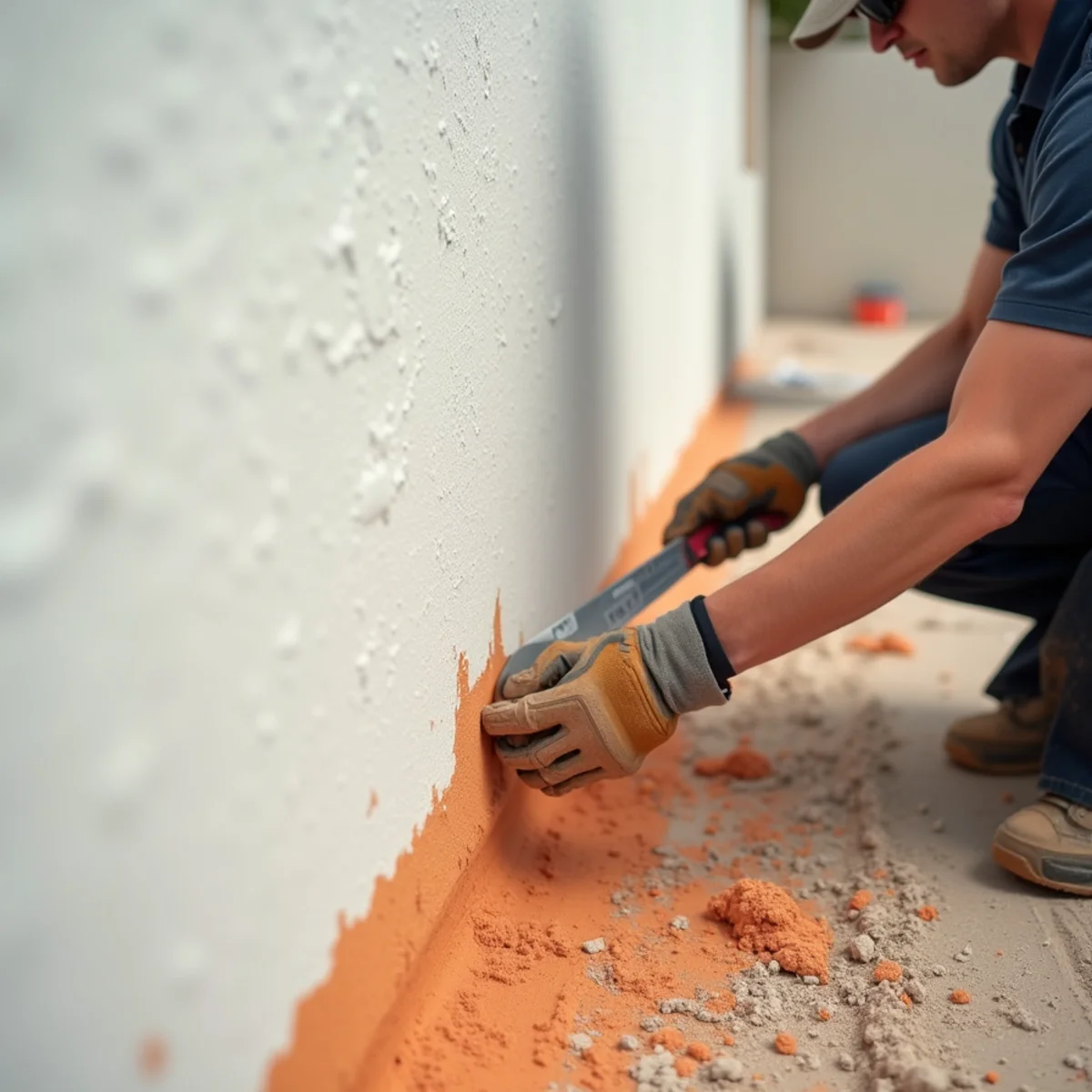 Drywall finisher matching wall texture after water damage reconstruction